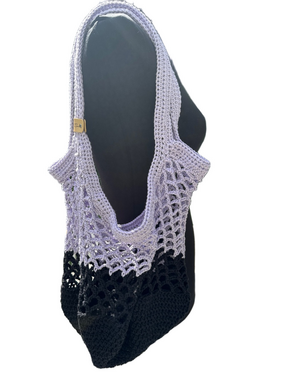 Handmade Crochet Market Bag Shoulder Bag Handbag in Lavender & Black 100% Cotton